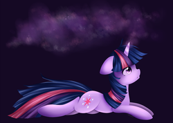 Size: 1024x728 | Tagged: safe, artist:breezzie, twilight sparkle, pony, unicorn, g4, cute, female, glowing horn, horn, lying down, magic, prone, solo, twiabetes, unicorn twilight