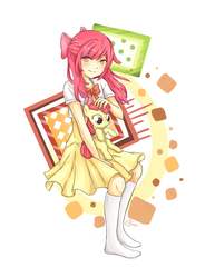 Size: 1781x2310 | Tagged: safe, artist:usarei, apple bloom, human, g4, clothes, dress, female, humanized, plushie, socks, solo