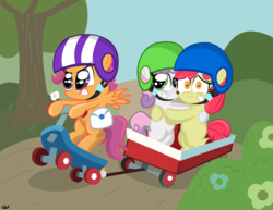 Size: 1107x855 | Tagged: safe, artist:daniel-sg, apple bloom, scootaloo, sweetie belle, g4, cutie mark crusaders, helmet, scared, scooter, wagon