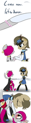 Size: 750x3000 | Tagged: safe, artist:lilliesinthegarden, doctor whooves, time turner, oc, oc:kryptfoal, g4, blushing, bracelet, clothes, collar, comic, crossdressing, dancing, dress, earring, hat, male, necklace, nurse turner, prom, stockings, trap, tumblr