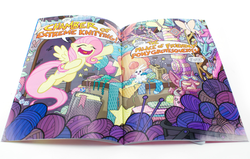 Size: 889x567 | Tagged: safe, idw, angel bunny, fluttershy, g4, micro-series #4, my little pony micro-series, knitting, speech bubble, yarn
