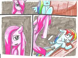 Size: 1120x832 | Tagged: safe, artist:cmara, pinkie pie, rainbow dash, pegasus, pony, fanfic:cupcakes, g4, bipedal, cleaver, comic, female, higurashi no naku koro ni, imminent murder, mare, pinkamena diane pie, traditional art