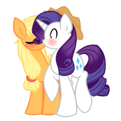 Size: 1000x1000 | Tagged: safe, artist:rainbowscreen, applejack, rarity, earth pony, pony, unicorn, g4, accessory swap, duo, female, kissing, lesbian, mare, ship:rarijack