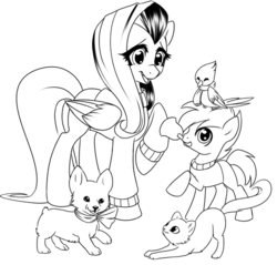 Size: 500x478 | Tagged: safe, artist:rizcifra, fluttershy, scootaloo, bird, cat, dog, pegasus, pony, g4, animal, bell, black and white, female, filly, grayscale, lineart, mare, monochrome, mouth hold, puppy, sketch