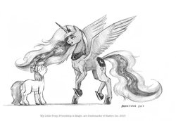 Size: 1024x706 | Tagged: safe, artist:baron engel, apple bloom, princess luna, g4, monochrome, pencil drawing, traditional art