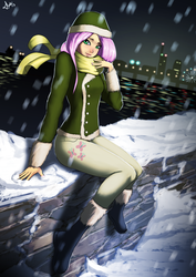 Size: 3508x4961 | Tagged: dead source, safe, artist:deilan12, fluttershy, human, g4, beautiful, blushing, cute, female, humanized, shyabetes, skintight clothes, snow, snowfall, solo, winter