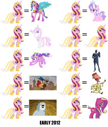 Size: 1200x1400 | Tagged: safe, diamond tiara, discord, fleur-de-lis, princess cadance, princess celestia, screwball, .mov, dress.mov, g4, cupcake, meme, niblet, nigel thornberry, pinklestia, ponibooru, pound puppies, secret butt fun, spy, spy (tf2), team fortress 2, the wild thornberrys