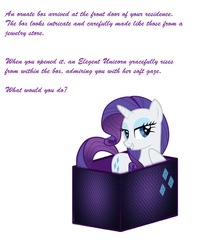 Size: 791x968 | Tagged: safe, rarity, g4, bedroom eyes, box, bronybait, meme, text