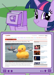 Size: 789x1081 | Tagged: safe, twilight sparkle, duck, g4, boat, exploitable meme, hong kong, news, ocean, op goes to hong kong, rubber duck, smug, smuglight sparkle, the guardian, tv meme, twiface