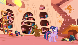 Size: 1280x737 | Tagged: safe, artist:askbenmare, babs seed, twilight sparkle, oc, oc:ben mare, oc:nyx, g4, background used, golden oaks library, the legend of zelda