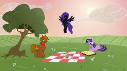 Size: 1280x720 | Tagged: safe, artist:askbenmare, twilight sparkle, oc, oc:ben mare, oc:nyx, g4, background used, ben mare, book, picnic, reading, the legend of zelda