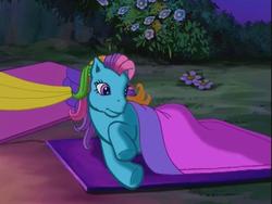 Size: 640x480 | Tagged: safe, screencap, rainbow dash (g3), earth pony, pony, g3, the runaway rainbow, bed, blanket, female, mare, sleeping bag, solo