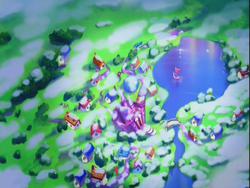 Size: 640x480 | Tagged: safe, screencap, a very minty christmas, g3, boat, celebration castle, cloud, cloudy, houses, lake, no pony, overhead view, ponyville, winter