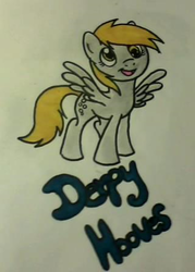 Size: 320x448 | Tagged: safe, artist:songthedemonpuppy, derpy hooves, pegasus, pony, g4, female, happy, mare, solo, traditional art