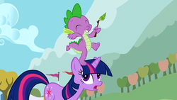 Size: 1280x720 | Tagged: safe, screencap, spike, twilight sparkle, dragon, pony, unicorn, fall weather friends, g4, season 1, animation error, eyes closed, female, male, mare, stick, tree branch, unicorn twilight