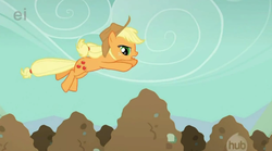 Size: 825x458 | Tagged: safe, screencap, applejack, earth pony, pony, a dog and pony show, g4, season 1, animation error, applejack's hat, cowboy hat, dirt, ei, female, hat, hub logo, hubble, mare, solo, the hub