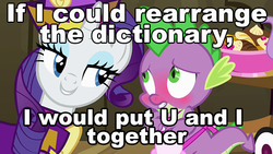 Size: 711x400 | Tagged: safe, edit, edited screencap, screencap, rarity, spike, dragon, pony, unicorn, dragon quest, g4, apron, blushing, caption, clothes, female, image macro, male, mare, meme, rarity's bad pickup lines, ship:sparity, shipping, straight