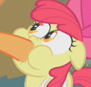 Size: 132x127 | Tagged: safe, screencap, apple bloom, applejack, call of the cutie, g4, cropped, hoof in mouth, hoofjack, nose wrinkle, out of context, picture for breezies, puffy cheeks