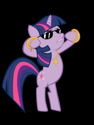 Size: 774x1032 | Tagged: safe, artist:lcpsycho, twilight sparkle, pony, unicorn, g4, bipedal, black background, bling, female, lip bite, mare, simple background, solo, sunglasses, unicorn twilight