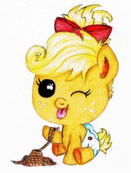 Size: 1024x1348 | Tagged: safe, artist:lailyren, applejack, g4, babyjack, cute, female, ribbon, rope, simple background, solo, tongue out, white background