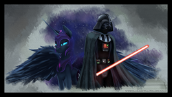 Size: 1920x1083 | Tagged: dead source, safe, artist:sonicrainboom93, nightmare moon, alicorn, cyborg, human, pony, g4, crossover, darth vader, energy weapon, female, hooves, horn, lightsaber, mare, solo, star wars, weapon, wings