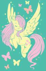 Size: 3300x5100 | Tagged: safe, artist:twiddledittle, fluttershy, butterfly, pegasus, pony, g4, eyes closed, female, hair over one eye, simple background, solo, spread wings, teal background, wings