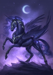 Size: 800x1132 | Tagged: safe, artist:sandara, nightmare moon, alicorn, horse, pony, g4, black sclera, crescent moon, featured image, female, glowing eyes, hoers, looking at you, mare, moon, night, realistic, realistic anatomy, realistic horse legs, rearing, solo, spread wings