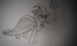 Size: 1024x613 | Tagged: safe, artist:witchsorbet, trixie, pony, unicorn, g4, female, grayscale, mare, monochrome, smiling, solo, torch, traditional art