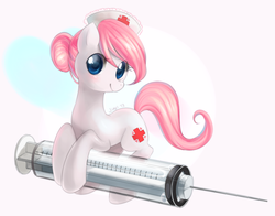 Size: 1179x924 | Tagged: safe, artist:jiayi, nurse redheart, earth pony, pony, g4, cap, cute, female, giant syringe, hat, heartabetes, injection, mare, needle, nurse, smiling, solo, syringe
