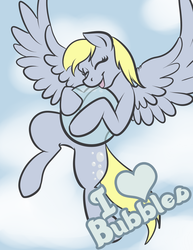 Size: 1024x1325 | Tagged: dead source, safe, artist:irishthorns, derpy hooves, pegasus, pony, g4, bubble, female, happy, heart, mare, solo