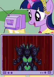 Size: 423x603 | Tagged: safe, twilight sparkle, alicorn, kaiju, pony, g4, exploitable meme, female, godzilla, godzilla (series), mare, super godzilla, tv meme, twilight sparkle (alicorn)