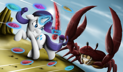 Size: 2564x1504 | Tagged: safe, artist:jamescorck, rarity, crab, pony, unicorn, g4, gem missile, rarity fighting a giant crab, weaponized gems