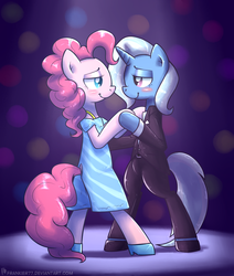 Size: 953x1125 | Tagged: safe, artist:frankier77, pinkie pie, trixie, pony, g4, bipedal, blushing, clothes, dancing, dress, female, lesbian, ship:trixiepie, shipping, shoes, slow dancing, suit