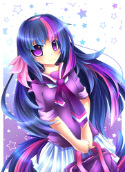 Size: 1300x1792 | Tagged: safe, artist:fenrixion, twilight sparkle, human, g4, bag, clothes, female, humanized, pixiv, smiling, solo, tailed humanization