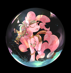 Size: 1078x1104 | Tagged: safe, artist:kolshica, pinkie pie, earth pony, pony, friendship is witchcraft, g4, bubble, crystal ball, eyes closed, female, gypsy pie, jewelry, mare, open mouth, romani, solo
