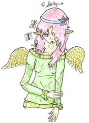 Size: 1382x1910 | Tagged: safe, artist:managodess, fluttershy, human, g4, clothes, eared humanization, humanized, off shoulder, sweater, sweatershy, traditional art, winged humanization