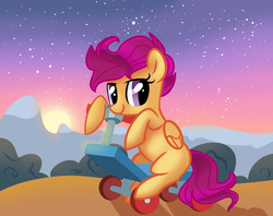 Size: 4800x3800 | Tagged: safe, artist:aaplepieeru, scootaloo, pegasus, pony, evening, female, filly, mountain, outdoors, scooter, sky, solo, stars, sunset