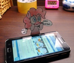 Size: 768x658 | Tagged: safe, artist:danadyu, pinkie pie, g4, cellphone, jumped-out-pinkieanswers, paper child, phone, photo, smartphone, speech bubble