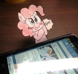 Size: 774x730 | Tagged: safe, artist:danadyu, pinkie pie, earth pony, pony, g4, cellphone, irl, jumped-out-pinkieanswers, paper child, phone, photo, smartphone