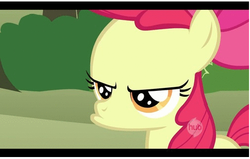 Size: 506x322 | Tagged: safe, edit, edited screencap, screencap, apple bloom, earth pony, pony, g4, season 2, the super speedy cider squeezy 6000, apple bloom's bow, bow, faic, female, filly, foal, frown, golden eyes, hair blowing, hair bow, hub logo, hubble, logo, red hair, red mane, red tail, solo, tail, the hub, yellow body, yellow coat, yellow fur, yellow pony