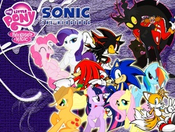 Size: 1024x768 | Tagged: safe, artist:lightdegel, applejack, discord, fluttershy, pinkie pie, rainbow dash, rarity, twilight sparkle, g4, crossover, doctor eggman, knuckles the echidna, male, mane six, miles "tails" prower, shadow the hedgehog, sonic the hedgehog, sonic the hedgehog (series), wallpaper