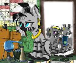 Size: 1500x1250 | Tagged: safe, artist:madhotaru, zecora, oc, zebra, g4, book, chemistry, experiment, laboratory, periodic table, quill, science