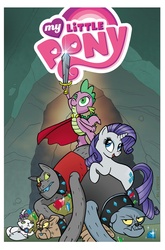 Size: 2063x3131 | Tagged: safe, artist:billforster, idw, opalescence, rarity, rover, diamond dog, g4, cape, clothes, comic cover, cover, gem, hero, jewelry, logo, my little pony logo, pile, sword, weapon