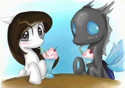 Size: 972x684 | Tagged: safe, artist:cherrymangomuffin, oc, oc only, changeling, pegasus, pony, blushing, female, mare, milkshake