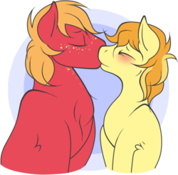 Size: 552x540 | Tagged: safe, artist:legalese, big macintosh, braeburn, earth pony, pony, g4, blushing, cousins, gay, incest, kiss on the lips, kissing, male, ship:braemac, shipping, stallion