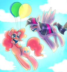 Size: 650x700 | Tagged: artist needed, source needed, safe, pinkie pie, twilight sparkle, alicorn, pony, g4, balloon, female, mare, then watch her balloons lift her up to the sky, twilight sparkle (alicorn)