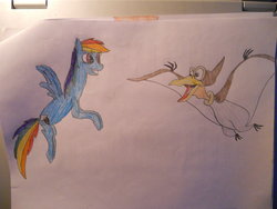 Size: 900x675 | Tagged: safe, artist:lacithehunter, rainbow dash, dinosaur, pegasus, pony, pterodactyl, g4, crossover, don bluth, petrie, the land before time, traditional art