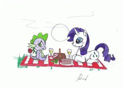 Size: 1048x762 | Tagged: safe, artist:ronmart12, artist:talonsword, rarity, spike, g4, alcohol, blushing, date, female, flower, food, grapes, lying, male, picnic, picnic basket, picnic blanket, ponyloaf, prone, rose, ship:sparity, shipping, straight, traditional art, wine