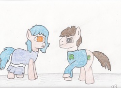 Size: 3496x2552 | Tagged: safe, artist:shnakes, cyclops, pony, demo, duo, ponified, raocow, traditional art
