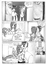 Size: 758x1055 | Tagged: safe, artist:evomanaphy, oc, oc only, oc:stardust, earth pony, pegasus, pony, comic:cozy, comic, couch, cozy, cuddling, doujin, evomanaphy, fireplace, grayscale, heart, manga, monochrome, snuggling, terribilisscriptor, traditional art